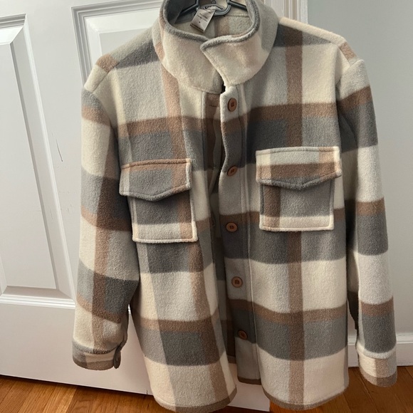 Cotton Emporium Plaid Wool Shacket in Cream, Gray, and Brown - Picture 2 of 7